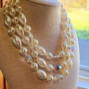 Vintage Laguna Necklace Faux Pearl & Aurora borealis crystal 3 strand choker